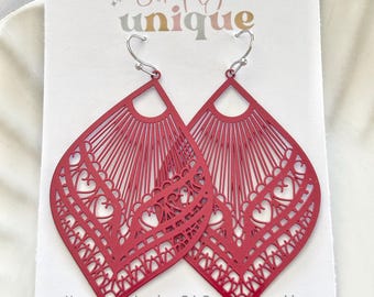Red Metal Filigree Earrings, Boho Dangle Earrings, Lightweight Statement Jewellery, Gift Wrapped Handmade Earrings for Her