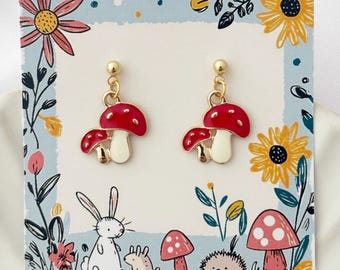 Mushroom Dangle Earrings on Cute Backing Card, Secret Santa Gift, Nature Lover Jewellery, Affordable Present for Friend Work Colleague