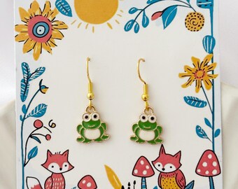 Frog Dangle Earrings on Cute Backing Card, Secret Santa Gift, Nature Lover Jewellery, Affordable Present for Friend Work Colleague