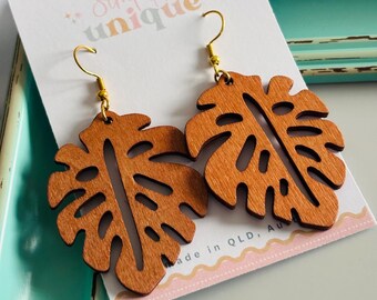 Wooden Monsterra Drop Earrings, Lightweight Earrings, Large Statement Earrings, Filigree Boho Jewellery, Cheap Gift Idea
