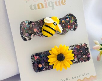 Bee and Sunflower Resin Hair Clips, Girls Hair Accessories, In the Garden, Nature Lover