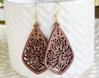 Wooden Dangle Earrings, Filigree Boho  Jewellery, Lightweight Elegant Statement Earrings, Gift Under 20, Free Stud Earrings with Purchase