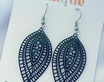Black Metal Filigree Earrings, Boho Dangle Earrings, Lightweight Statement Jewellery, Gift Wrapped Handmade Earrings for Her