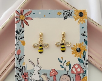Bee Dangle Earrings on Cute Backing Card, Secret Santa Gift, Nature Lover Jewellery, Affordable Present for Friend Work Colleague