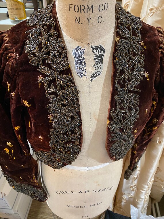 Antique silk velvet top bodice Victorian silk emb… - image 1