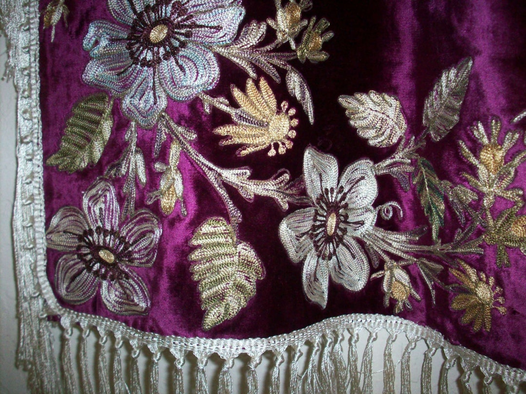 Breathtaking True Antique Table Cover French Magenta Embroidered Beau ...