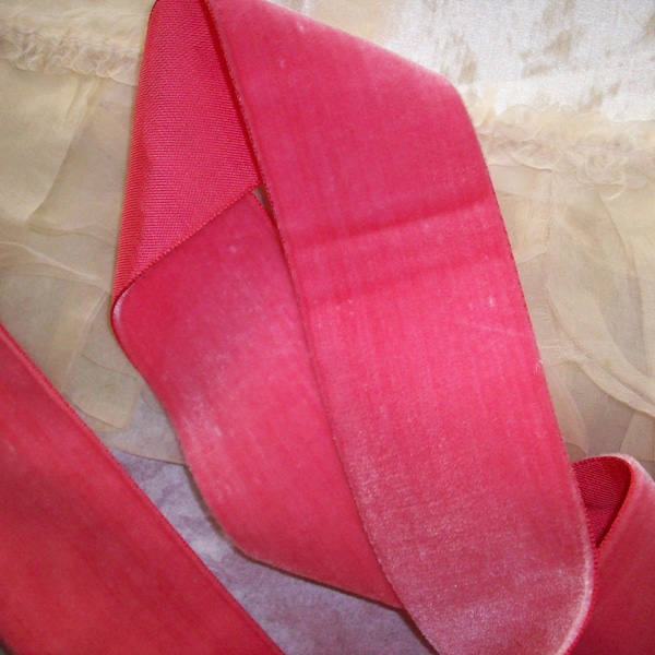 Vintage rayon Coral Rose Velvet Trim Ribbon  Yardage Old Store Stock