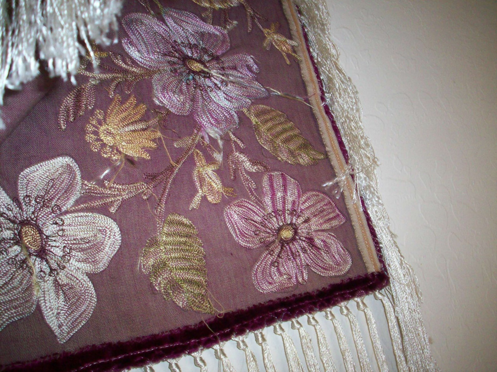 Breathtaking True Antique Table Cover French Magenta Embroidered Beau