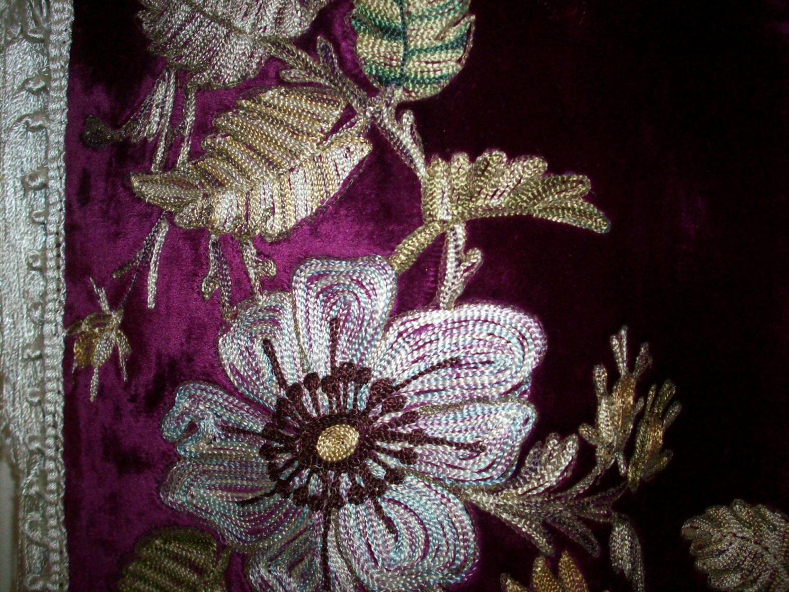Breathtaking True Antique Table Cover French Magenta Embroidered Beau