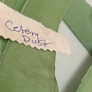 May include: Close-up of celery green velvet ribbon. A torn paper tag with the handwritten words "Celery Dust" is placed on the ribbon. The ribbon has a soft, velvety texture and is folded over itself.