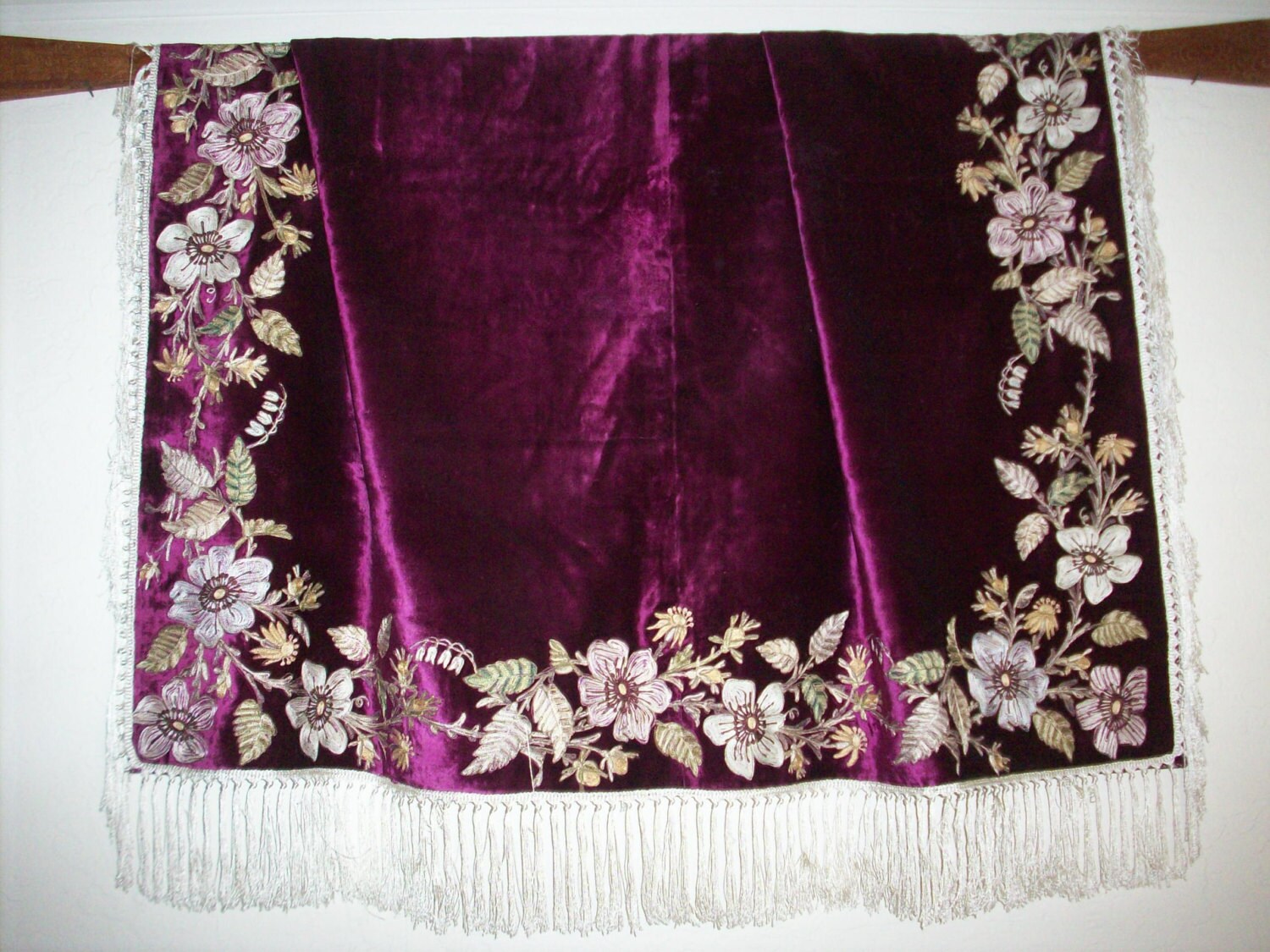 Breathtaking True Antique Table Cover French Magenta Embroidered Beau