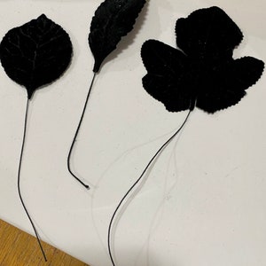 以下が含まれることがあります： ワイヤーの茎が付いた黒いベルベットの葉が3枚。葉は形とサイズが異なります。
