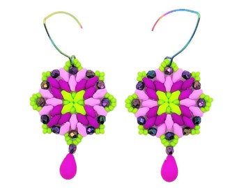 Mandala beaded earrings in neon green, iris purple, violet, green & lilac