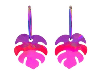 Pink purple ombre monstera resin earrings, stainless steel hoop, tropical exotic summer vacation jewelry