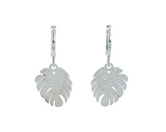 Silver monstera stainless steel leverback earrings, tropical exotic summer vacation jewelry