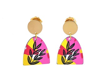 Tropical abstract herbal dangle acrylic earrings in pink, red, yellow and black
