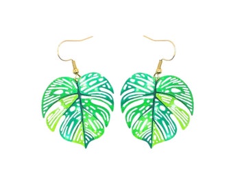 Green ombre monstera filigree dangle stainless steel earrings