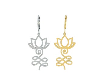 Unalome earrings, Buddhist Hindu symbol jewelry, silver or gold