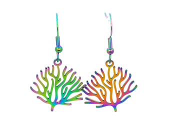 Rainbow multichrome oil slick tiny coral branch ocean beach inspired filigree dangle stainless steel earrings