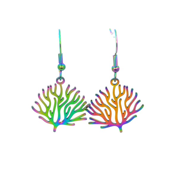 Rainbow multichrome oil slick tiny coral branch ocean beach inspired filigree dangle stainless steel earrings