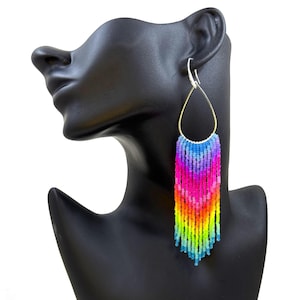 Beaded fringe earrings with rainbow neon gradient & silver teardrop charm