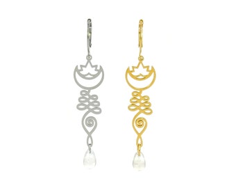 Unalome earrings, Buddhist Hindu symbol jewelry, silver or gold