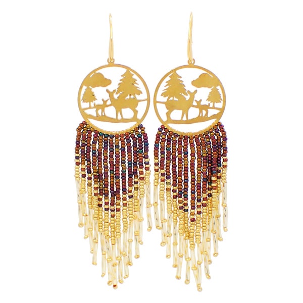 Beaded fringe earrings with multichrome brown and gold beads on gold round forest and deers charm