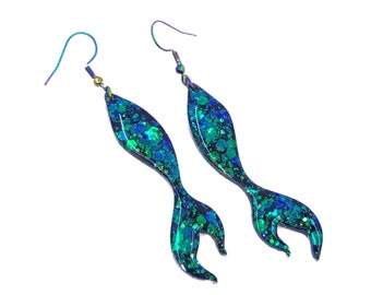 Mermaid tail earrings in blue and green multichrome glitter, Ocean inspired sea life and nautical jewelry