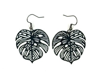 Black monstera filigree dangle stainless steel earrings