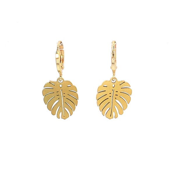 Gold monstera stainless steel leverback earrings, tropical exotic summer vacation jewelry