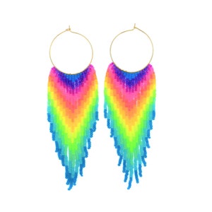 Beaded fringe earrings with rainbow neon gradient on gold stainless steel hoop 35mm hoop, 11/0 seed beads image 1