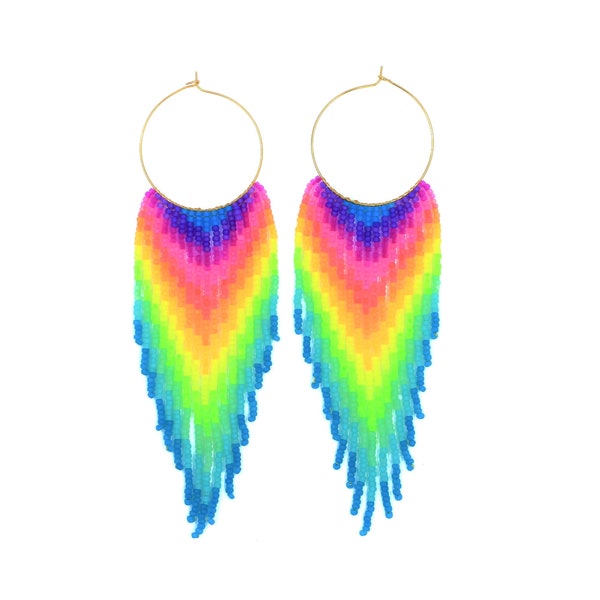 Beaded fringe earrings with rainbow neon gradient on gold stainless steel hoop (35mm hoop, 11/0 seed beads)