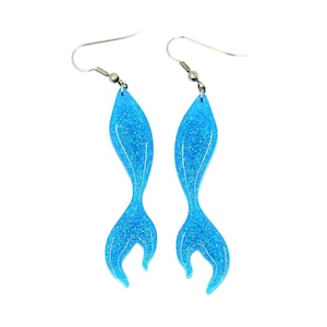 Mermaid tail dangle epoxy resin earrings in blue and green iridescent glitter