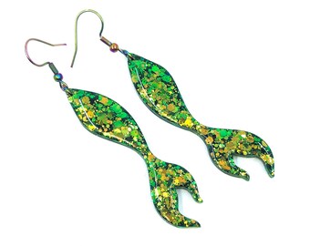 Mermaid tail earrings in green and gold multichrome glitter, Ocean inspired sea life and nautical jewelry
