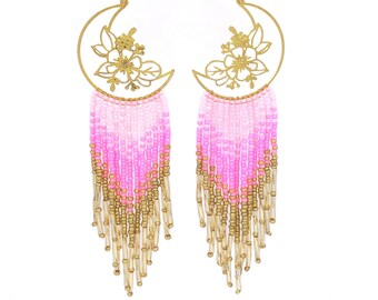 Beaded fringe earrings with pink gradient & gold floral moon teardrop charm