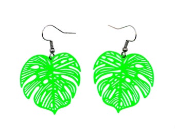 Neon green monstera leaves earrings, stainless steel, tropical exotic summer vacation jewelry