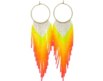 Beaded fringe earrings with yellow orange coral neon gradient on stainless steel hoop (30mm hoop, 15/0 seed beads)