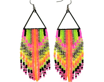 Beaded fringe earrings, rainbow neon gradient & black triangle charm