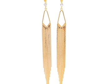 Gold fringe earrings with triangle anchor and gem encrusted earring hook