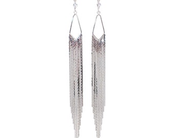 Silver fringe earrings with triangle anchor and gem encrusted earring hook