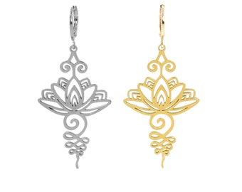 Unalome earrings, Buddhist Hindu symbol jewelry, silver or gold