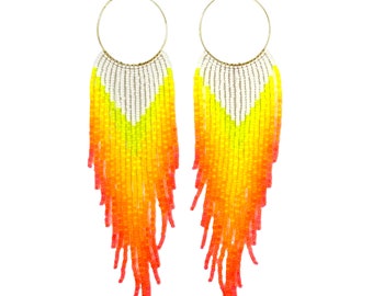 Beaded fringe earrings with yellow orange coral neon gradient on stainless steel hoop (35mm hoop, 11/0 seed beads)