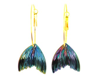 Multichrome mermaid tail earrings with oil slick multicolor reflections and gold hoop
