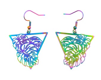 Rainbow multichrome oil slick monstera triangle filigree dangle stainless steel earrings