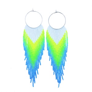 Beaded fringe earrings with yellow green blue neon gradient on stainless steel hoop (35mm hoop, 11/0 seed beads)