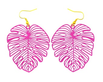 Purple magenta monstera leaves earrings, tropical exotic summer vacation jewelry