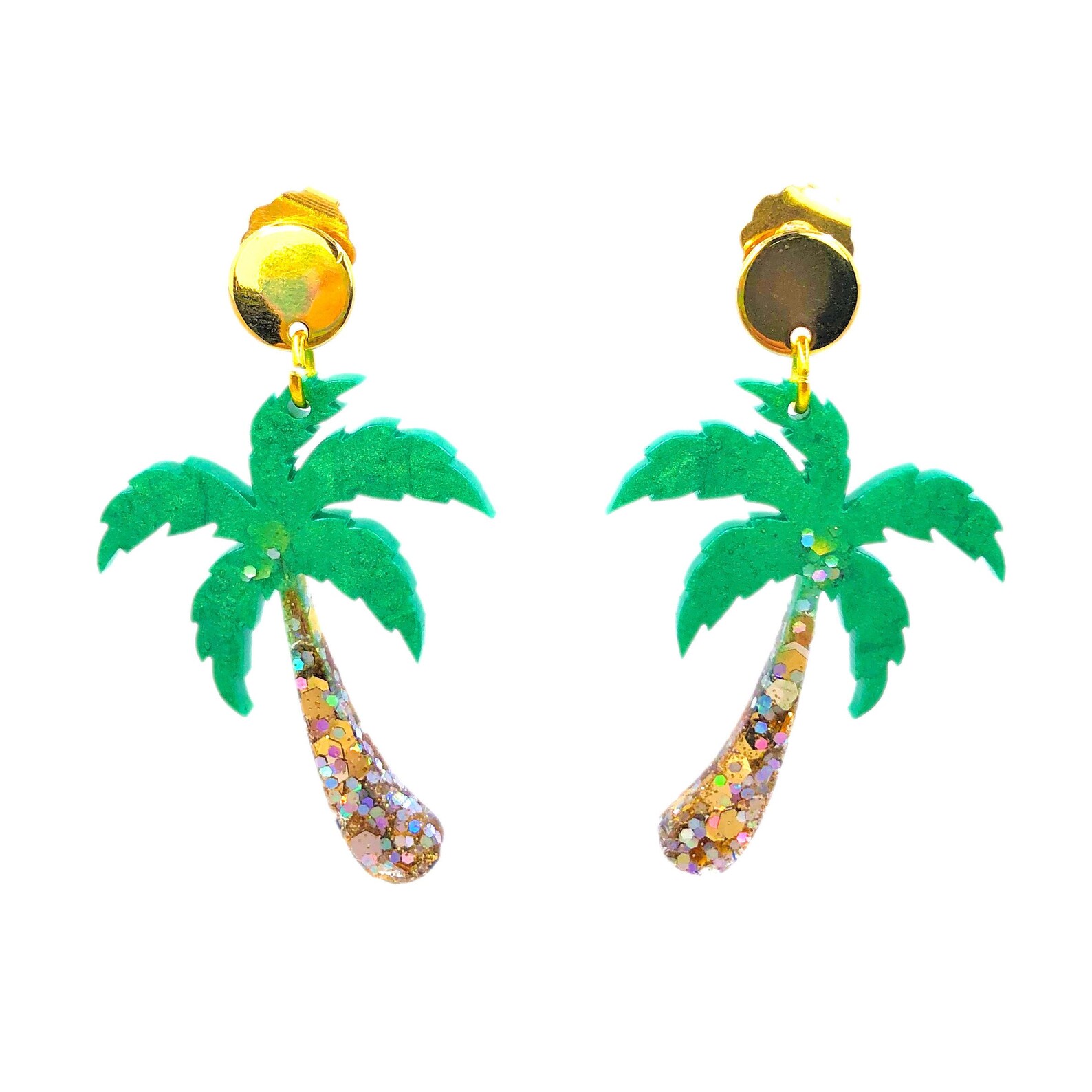 Palm Tree Dangle Epoxy Resin Earrings With Shimmery Green and Etsy