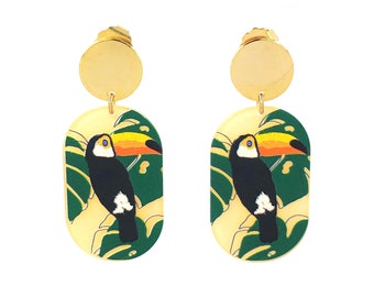 Toucan and tropical leaves dangle acrylic earrings