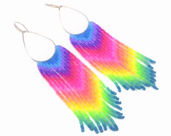 Beaded fringe earrings with rainbow neon gradient & silver teardrop charm