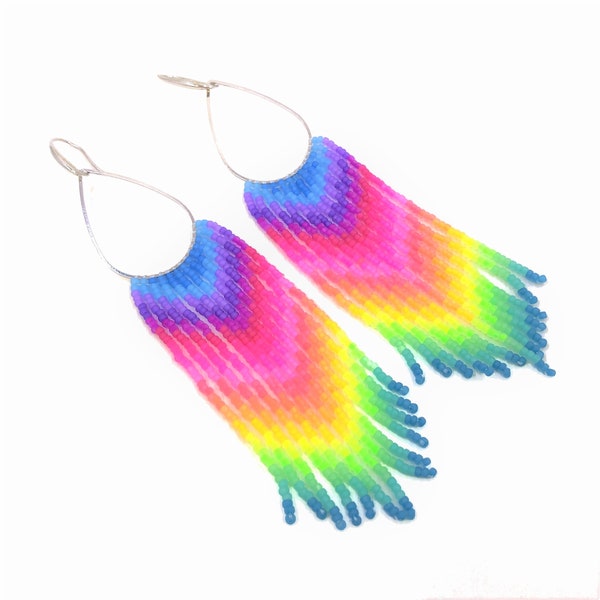 Beaded fringe earrings with rainbow neon gradient & silver teardrop charm